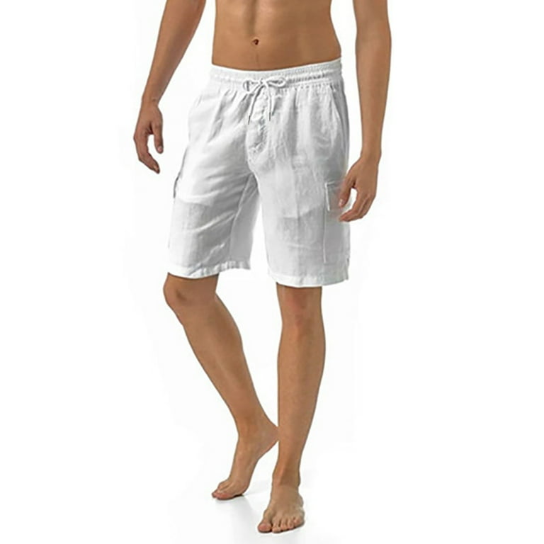 Plus Size Summer Solid Color Cotton And Linen Shorts for Men Men Casual Drawstring Waist Sports With Pockets Shorts White