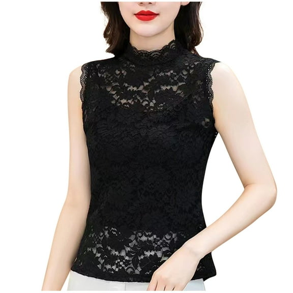 Plus Size Summer Tank Tops for Women Slim Fit Mock Neck Sleeveless Lace Blouses Elegant Floral Embroidery Cami Shirts Dressy Casual Base Lace Tshirts Sexy Camisole Blouse