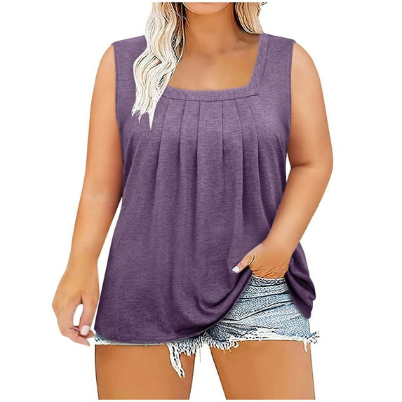 Plus Size Summer Tank Tops for Women Loose Fit Pleated Square Neck Sleeveless Tops Curved Hem Flowy Blouse