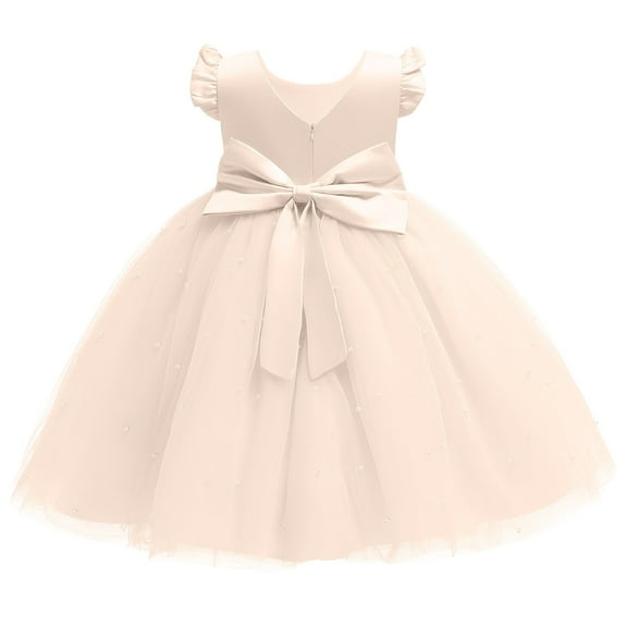 Plus Size Summer Toddler Dress Formal Ruffle Sleeve Flower Girl Dresses for Wedding Tulle Satin Dress Crew Neck Princess Dress Up for Girls 4-6 Elegant Gowns and Evening Dresses,Beige 5-6 Years