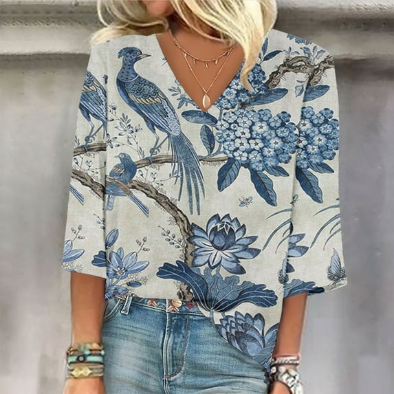 Plus Size Summer Tops 2023 Women Fashion Printed T-shirt 3/4 Sleeves Blouse V-Neck Casual Tunic Up to 65% off