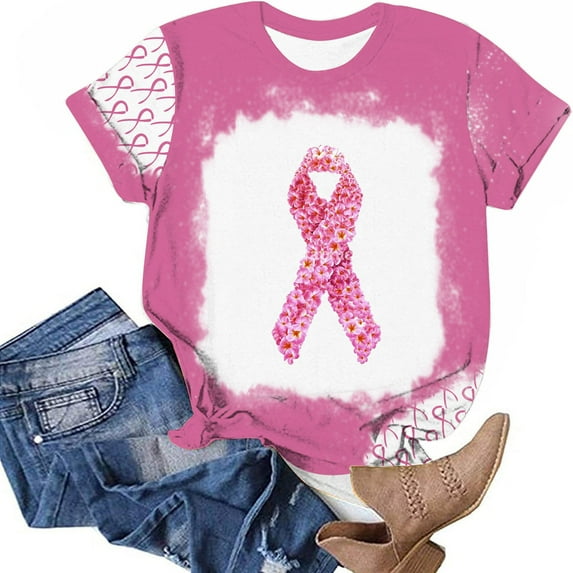Plus Size Summer Tops Breast Cancer Awareness Support Fashion 2023 Causal Round Neck Printing Blouse Short Sleeve T-Shirt Summer Tops Pullover Up to 65% off