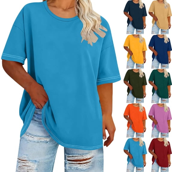 Plus Size Summer Tops Short Sleeve Round Neck Tunic Plain Casual T Shirts Comfy Oversized Loose Fit Cotton T-Shirts Summer Tops for Women 2026