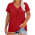 thumbnail image 1 of Plus Size Summer Tops Womens Pleated V Neck Short Sleeve Dressy Casual T-shirts Loose Fit Soft Basic Tees (XL, Red), 1 of 6
