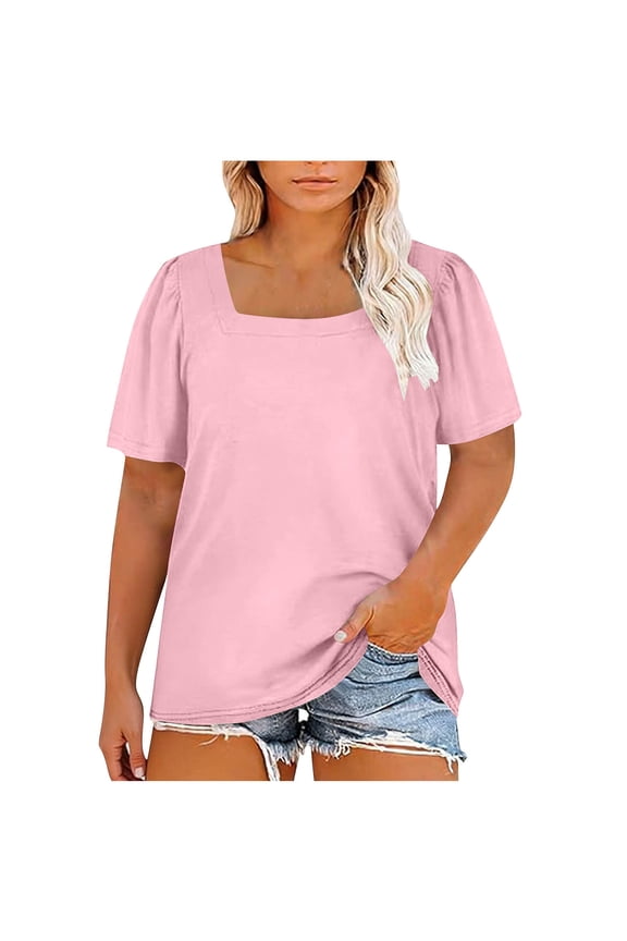 Plus Size Summer Tops Womens Square Neck Short Sleeve T-shirts 1X-5X Loose Fit Plain Casual Tees, Pink 3XL