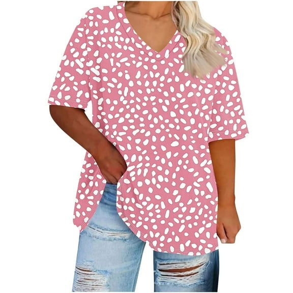 Plus Size Summer Tops for Curvy Women Short Sleeve Cute Casual T-Shirt Loose Fitting Trendy Going Out Tees Shirts Pink, 3XL