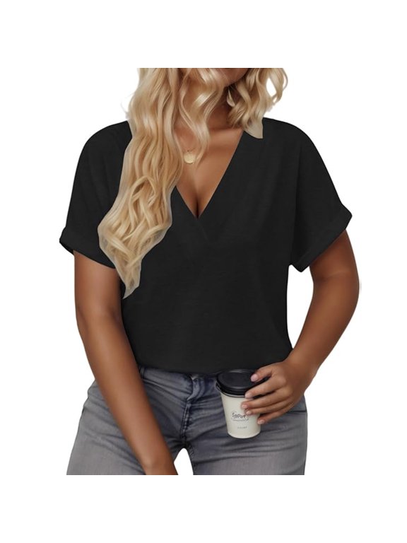 Plus Size Summer Tops for Women Casual V Neck T Shirts Loose Tees Trendy Rolled Short Sleeve Tunics