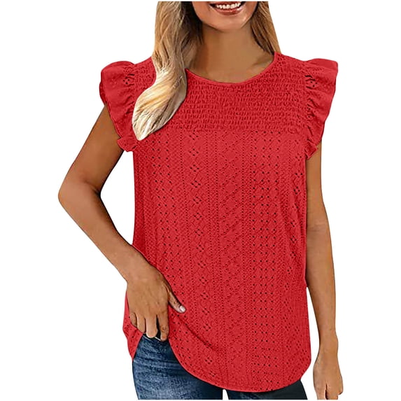 Plus Size Summer Tops for Women Crochet Crewneck Ruffle Shorts Sleeve T Shirts Loose Blouses
