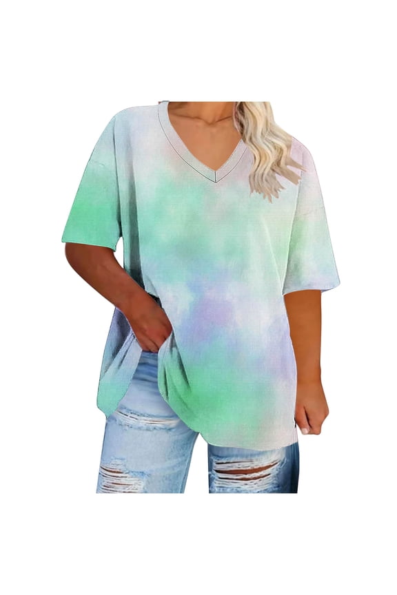 Plus Size Summer Tops for Women Gradient Color V Neck T-Shirts Loose Fit 1X-5X Soft Casual Oversized Tshirts (4XL, White|Tie-dye)