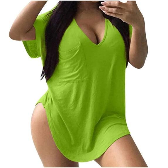 Plus Size Summer Tops for Women Oversized Short Sleeve Shirt Solid Color V-Neck Basic T-Shirt