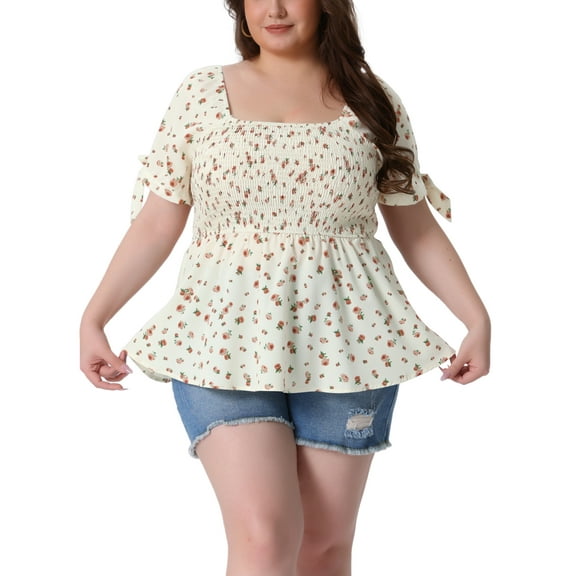 Plus Size Summer Tops for Women Square Neck Smocked Bow Tie Short Sleeve Peplum Blouse 1X Beige
