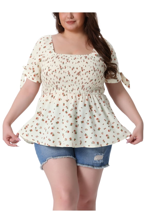 Plus Size Summer Tops for Women Square Neck Smocked Bow Tie Short Sleeve Peplum Blouse 1X Beige