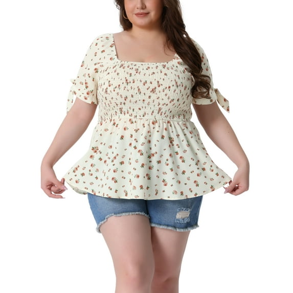 Plus Size Summer Tops for Women Square Neck Smocked Bow Tie Short Sleeve Peplum Blouse 2X Beige