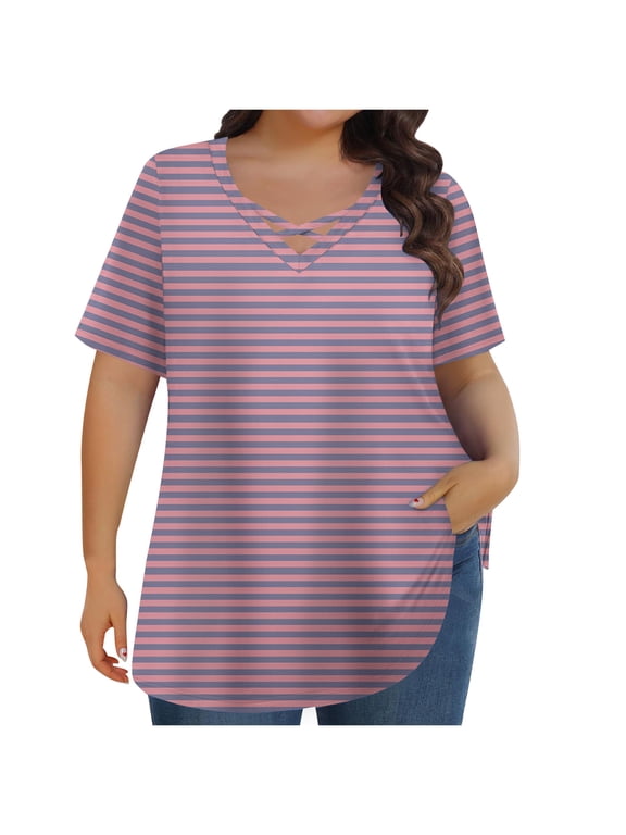 Plus Size Summer Tunic Tops Women Short Sleeve Cross V Neck Graphic Tees Polka Dots Floral Printed Tshirts (3XL, Pink 02)