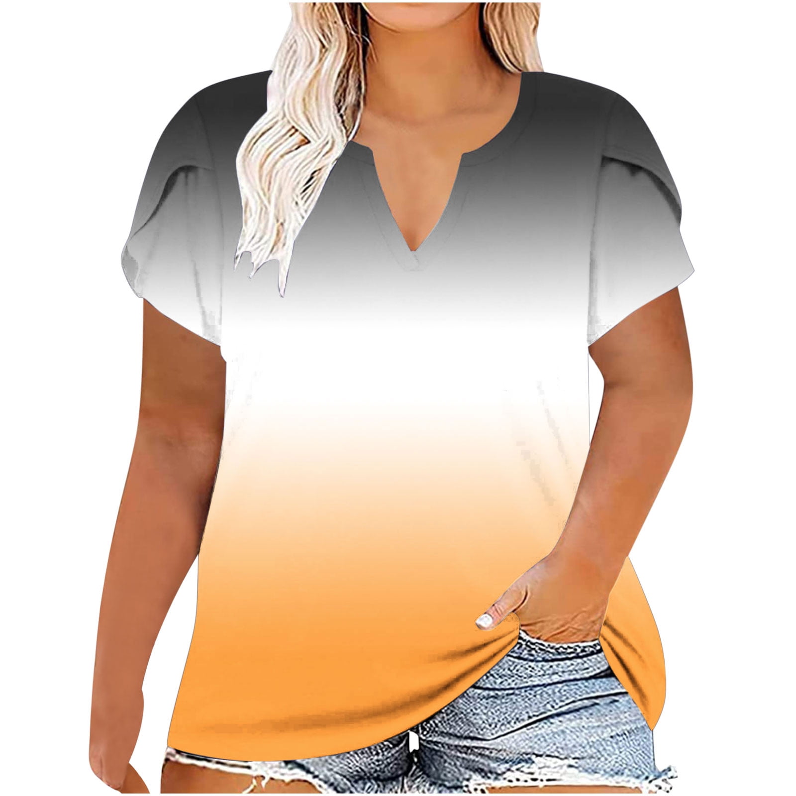 Plus Size Summer Tunic Tops for Women Notch V Neck Petal Sleeve Dressy Blouses Printed Casual Loose Fit Tee Shirts
