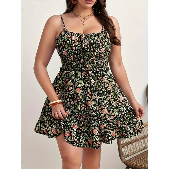 Plus Size Summer Women Elegant Floral Print Dress Vacation Vintage Casual Sleeveless Ruffle Sling Dresses