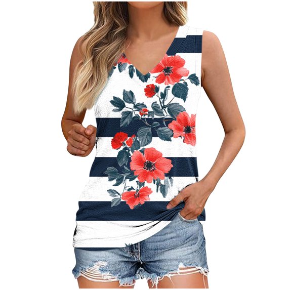 Plus Size Summer Womens Tops Fashionable Printed V-Neck Sleeveless