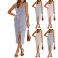 thumbnail image 1 of Plus Size Sun Dress Fashion Women Summer Casual Round-Neck Sleeveless Stripe Print Long Dress White M, 1 of 6