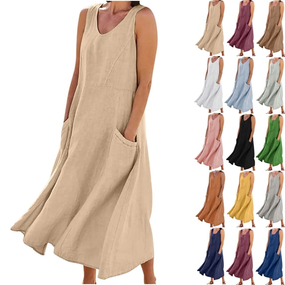Plus Size Sun Dresses for Womens 2026 Fashion Summer V-Neck Casual Solid Color Sleeveless Cotton and Linen Long Dress