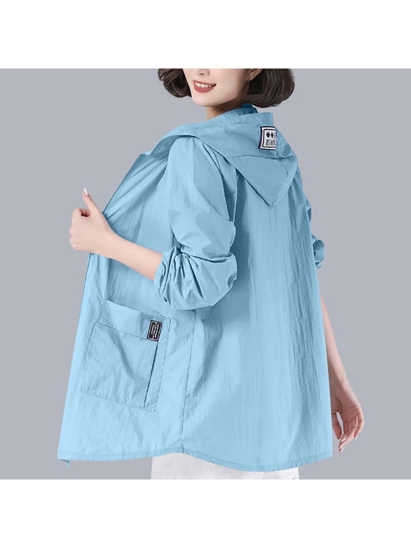 Plus Size Sun Protection Jacket for Women Mid Length Hooded Zip Up Big Pocket Loose Comfort Lightweight Travel Beach Hiking Wind Coat Blue 4XL