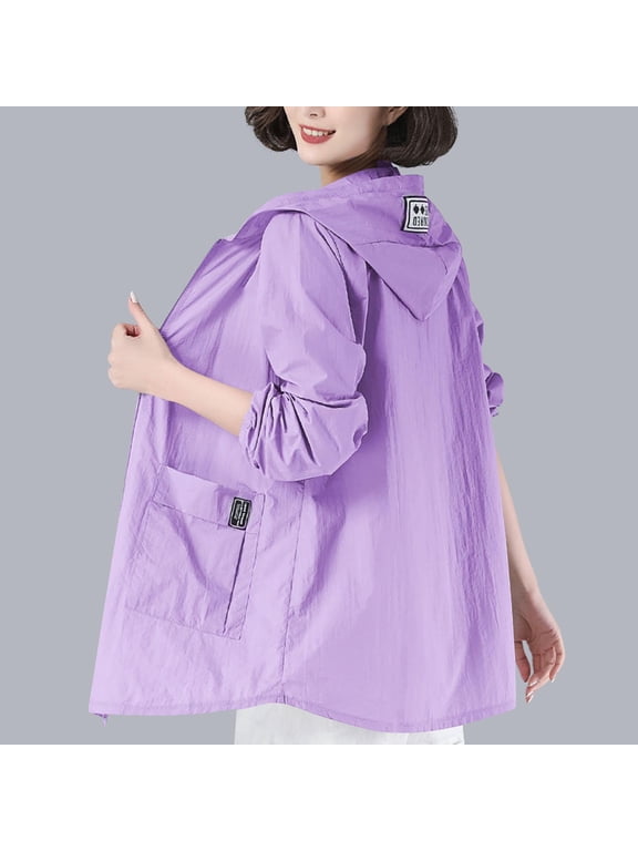Plus Size Sun Protection Jacket for Women Mid Length Hooded Zip Up Big Pocket Loose Comfort Lightweight Travel Beach Hiking Wind Coat Purple 4XL