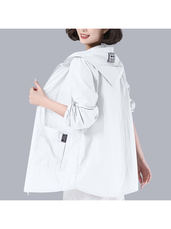 Plus Size Sun Protection Jacket for Women Mid Length Hooded Zip Up Big Pocket Loose Comfort Lightweight Travel Beach Hiking Wind Coat White XXL
