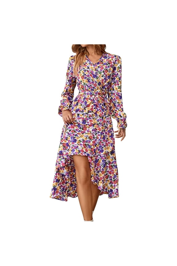 Plus Size Sundress, Wedding Guest Easter Dresses Smocked Floral Tunic Long Sleeve V Neck Flowy Maxi Dress Bags For Gowns Work Dresses Women 2025 Cottagecore Dresses Outfits (L, Pink) ZMTing