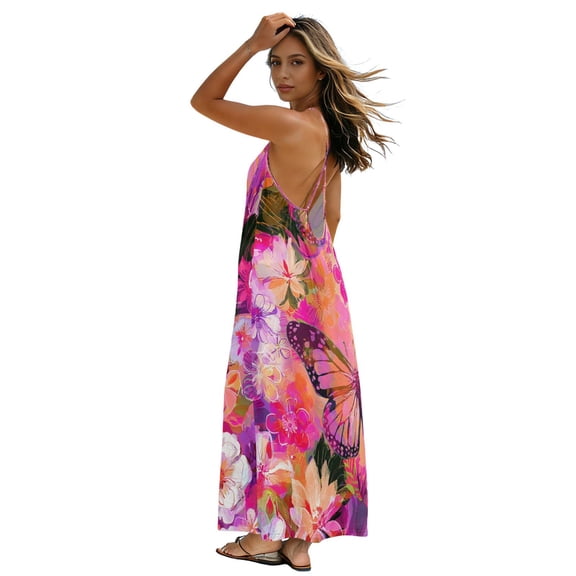 Plus Size Sundress for Women 2026 Flowy Strappy Backless Dress Lightweight Long Dress for Beach Vacation, Flora-pink Design