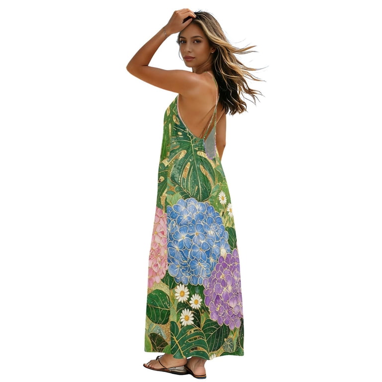 Plus Size Sundress for Women 2026 Flowy Strappy Backless Dress Lightweight Long Dress for Beach Vacation, Golden Hydrangea Design