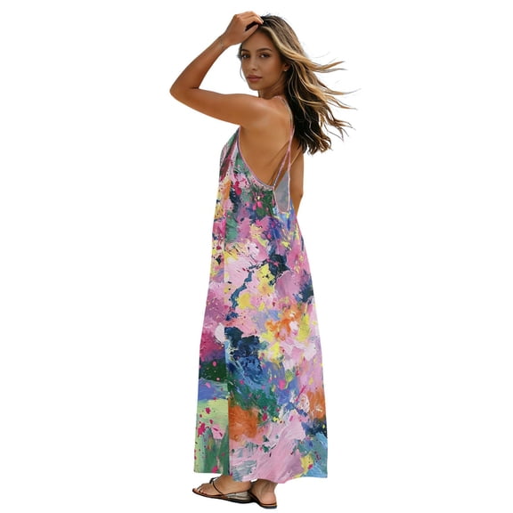 Plus Size Sundress for Women 2026 Flowy Strappy Backless Dress Lightweight Long Dress for Beach Vacation, Pink-abstract Design