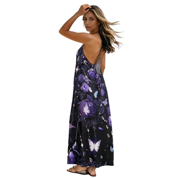 Plus Size Sundress for Women 2026 Flowy Strappy Backless Dress Lightweight Long Dress for Beach Vacation, Purple Rosefly Design