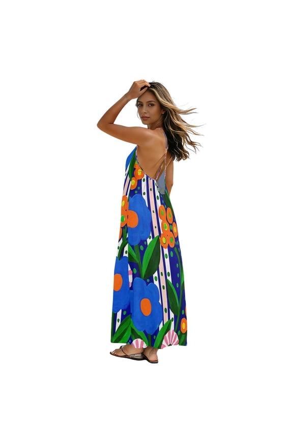 Plus Size Sundress for Women 2026 Flowy Strappy Backless Dress Lightweight Long Dress for Beach Vacation, Retro Blue Floral Design