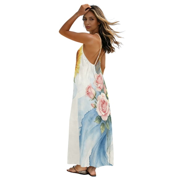 Plus Size Sundress for Women 2026 Flowy Strappy Backless Dress Lightweight Long Dress for Beach Vacation, Sunflower & Rose Design