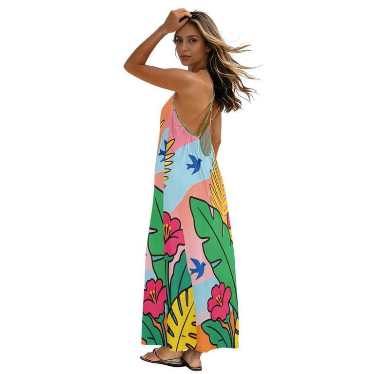 spandex for backless dress Plus Size Sundress Women 2026 Flowy Strappy Lightweight Long Dress for Beach Vacation, Tropical Tropic Design Children's Royal Blue Dress