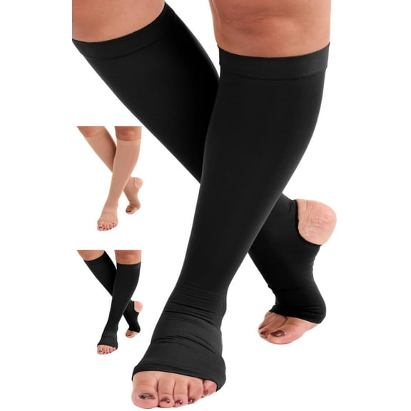 Plus Size Support Socks with Open Toe and Heel 20-30 mmHg Black, 4X-Large