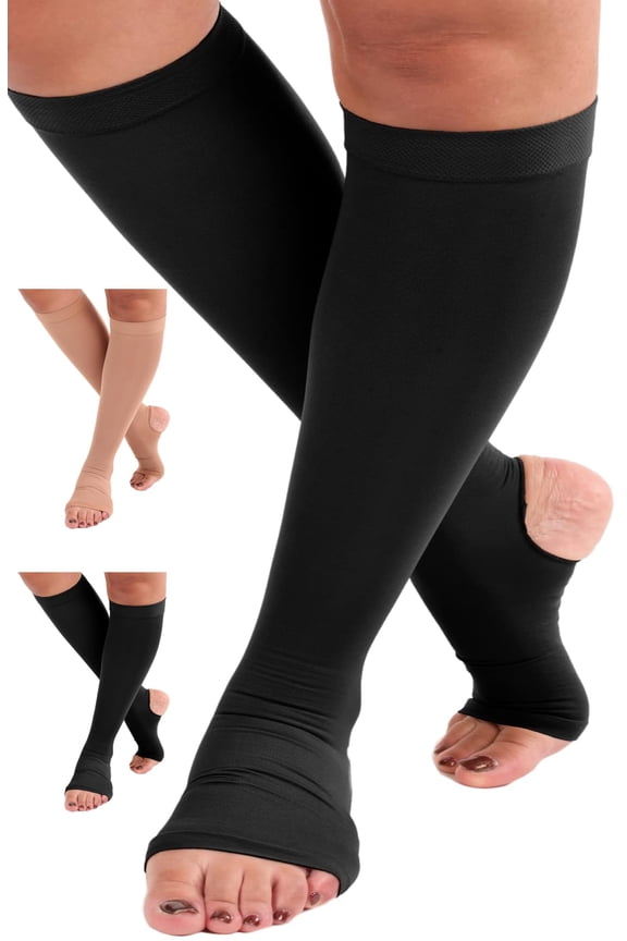 Plus Size Support Socks with Open Toe and Heel 20-30 mmHg Black, 4X-Large