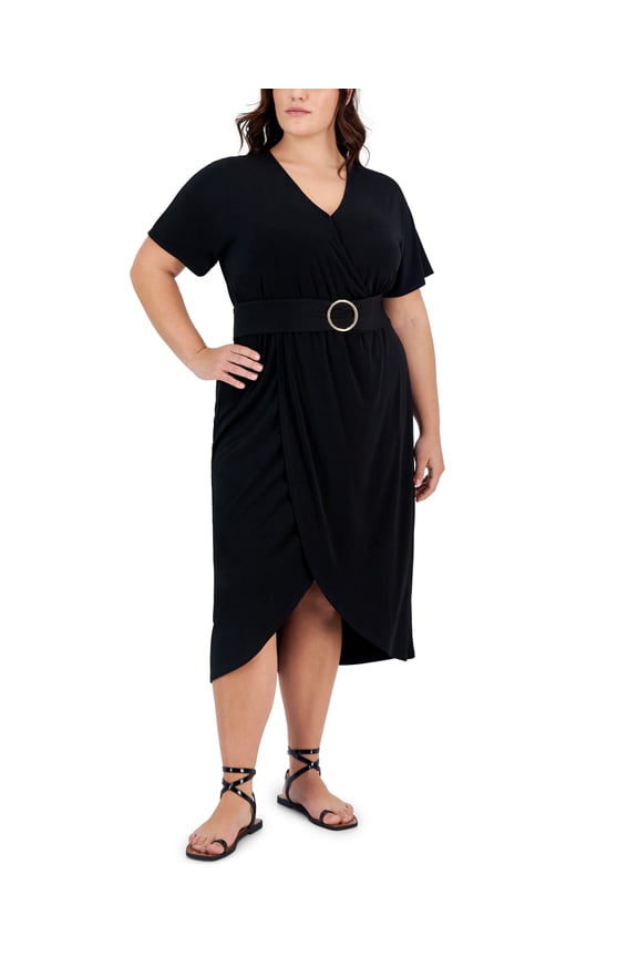 Plus Size Surplice-Neck Dress Deep Black 3X