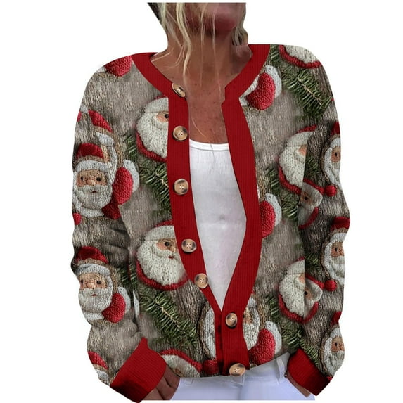 Plus Size Sweater Cardigan for Women Cute Snowman Print Xmas Coat Outwear Long Sleeve Button Down Open Front Clothes