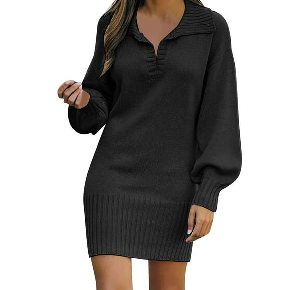 Plus Size Sweater Dress Women's Long Sleeve Fashion Solid Medium Length Wool Knitted Sweater Dress Long Sweaters for Women Black S