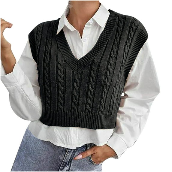 Plus Size Sweater Tops On Seasonal Women's Sleeveless Knitted Vest Women's Sweater Vest Black 8(L)