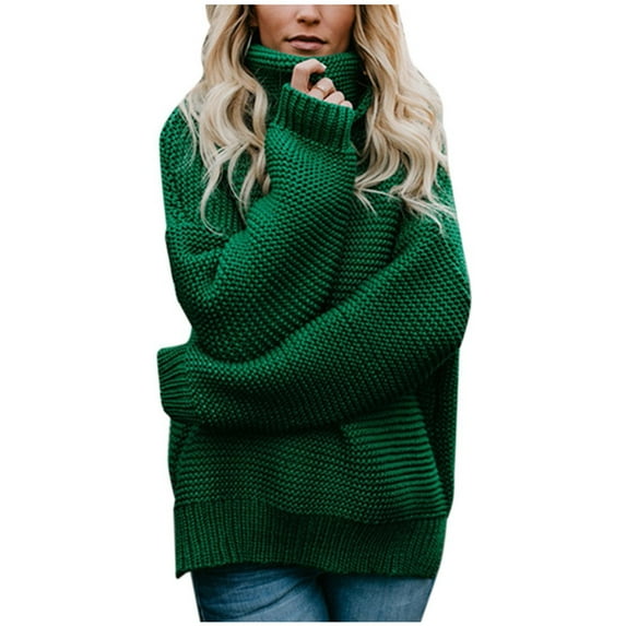 Plus Size Sweater Tops On Seasonal Women's Solid Color Thick Line Long Sleeve Turtleneck Sweater Green 10(L)