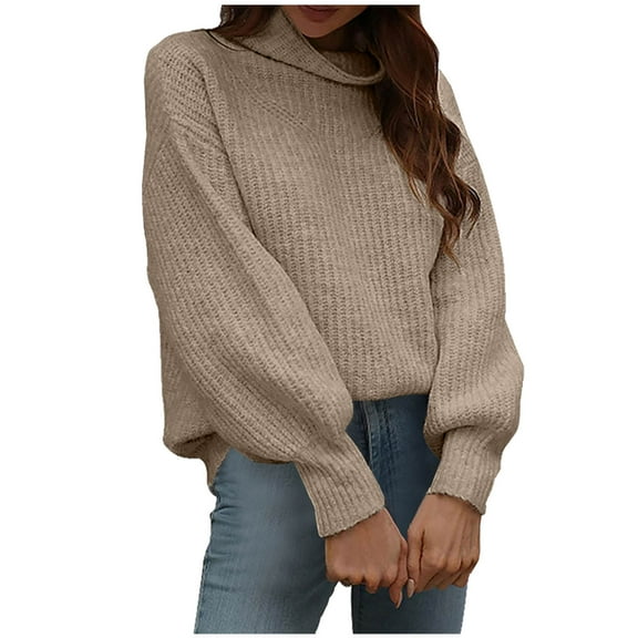 Plus Size Sweater Tops On Seasonal Women's Solid Long Sleeve Pullove Turtleneck-Neck Sweater Tops Khaki 10(XL)