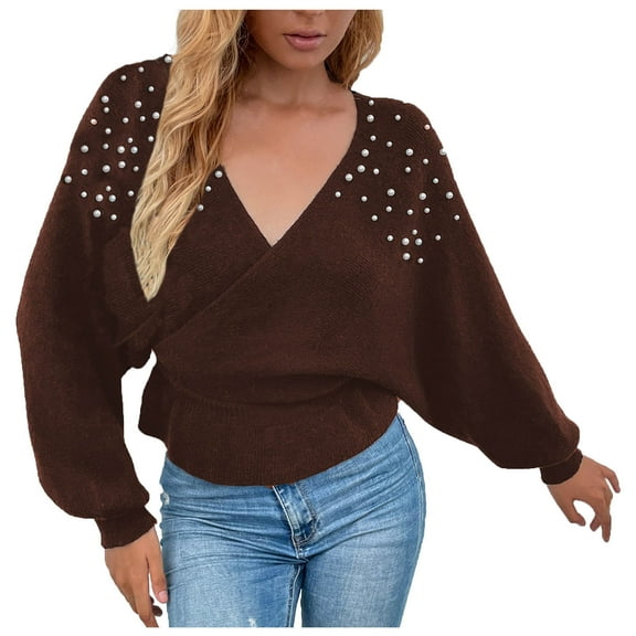 Plus Size Sweater Tops On Seasonal Women's V-Neck Winter Pearl Solid Long Sleeve Pullover Tops Sweaters Coffee 4(S)