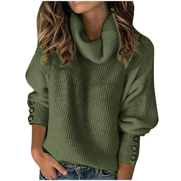 Plus Size Sweater Tops On Seasonal Autumn and Winter Women's Turtleneck Pullover Blouse Knitting Long Sleeve Solid Tops Sweaters Army Green 18(XXXXXL)