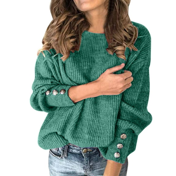 Plus Size Sweaters Fashion Bow Collar Solid Buttons Sleeve Knitted Casual Sweater Warm Top