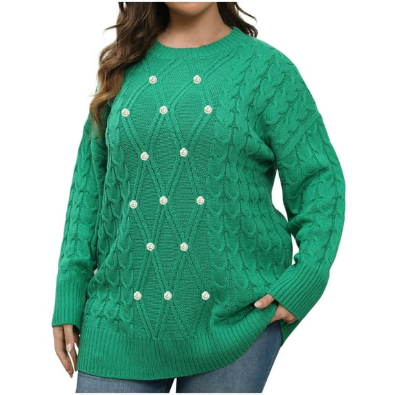 Plus Size Sweaters For Women Sevevn Woman Winter Plus Size Round Neck Pullover Beaded Long Sleeve Sweater