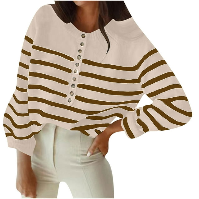 Plus Size Sweaters For Women Sevevn Women's Color Block Striped Sweaters Button Up Crewneck Pullover Ribbed Knit Sweater Tops