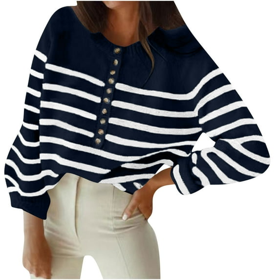 Plus Size Sweaters For Women Sevevn Women's Color Block Striped Sweaters Button Up Crewneck Pullover Ribbed Knit Sweater Tops