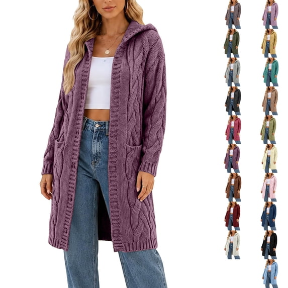 Plus Size Sweaters For Women Women's Casual Solid Outfits Knit Open Front Hooded Sweaters Long Sleeve Cardigan Outerwear Coats With Pocket Purple S