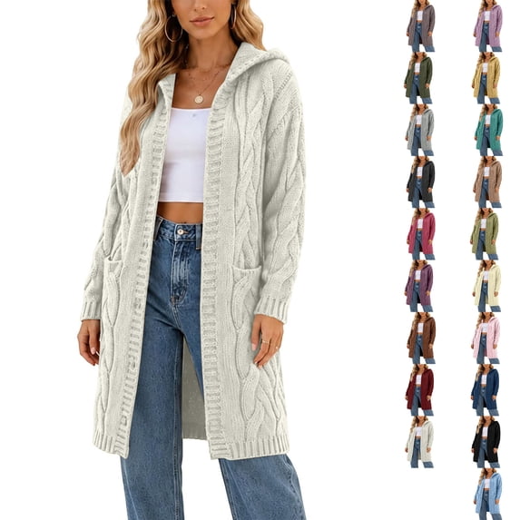 Plus Size Sweaters For Women Women's Casual Solid Outfits Knit Open Front Hooded Sweaters Long Sleeve Cardigan Outerwear Coats With Pocket White M